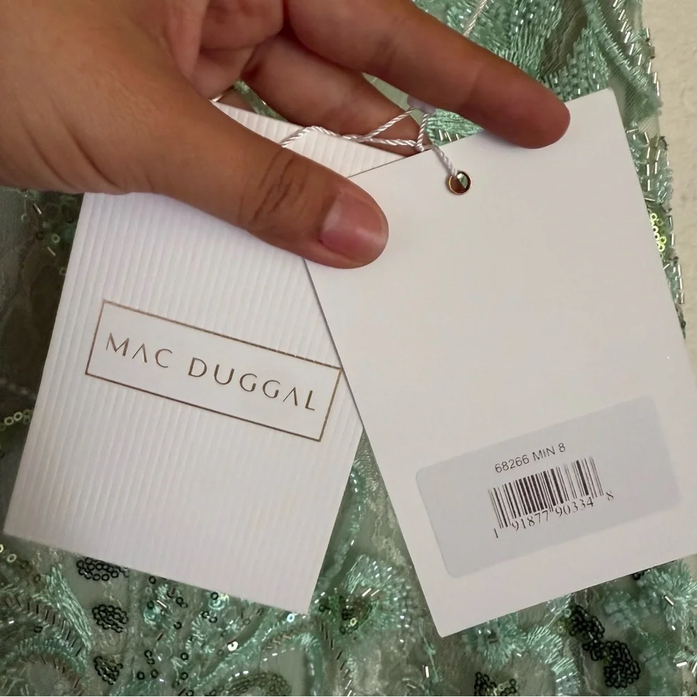 Mac Duggal Size 8 Mint Green 68266 Puff Sleeve V-Neck Embellished Midi Dress New - Picture 12 of 15